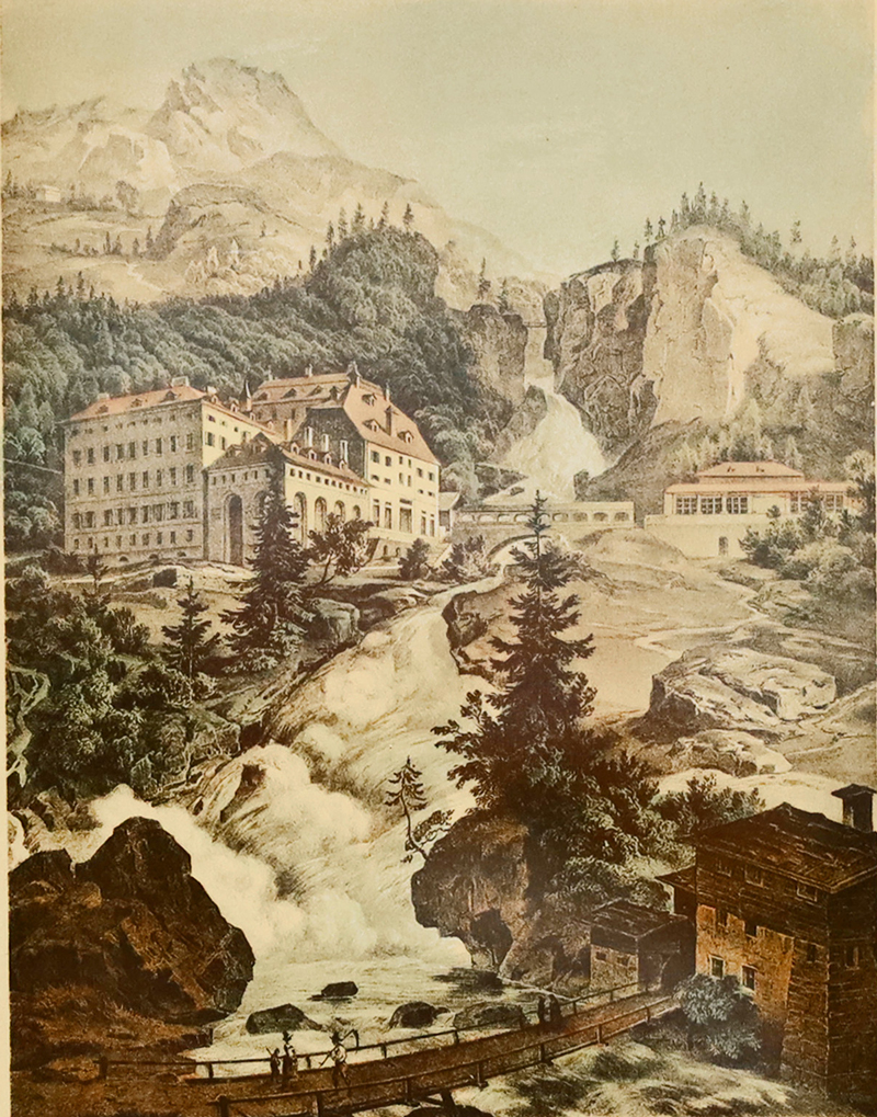 Lithographie Wildbad Gastein Salzburg Wasserfall