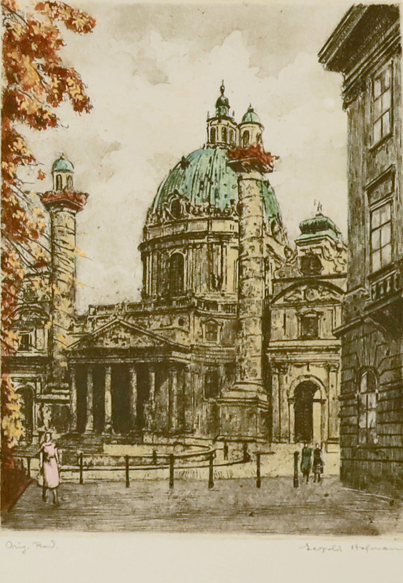 Farbradierung Wiener Karlskirche Leopold Hofmann