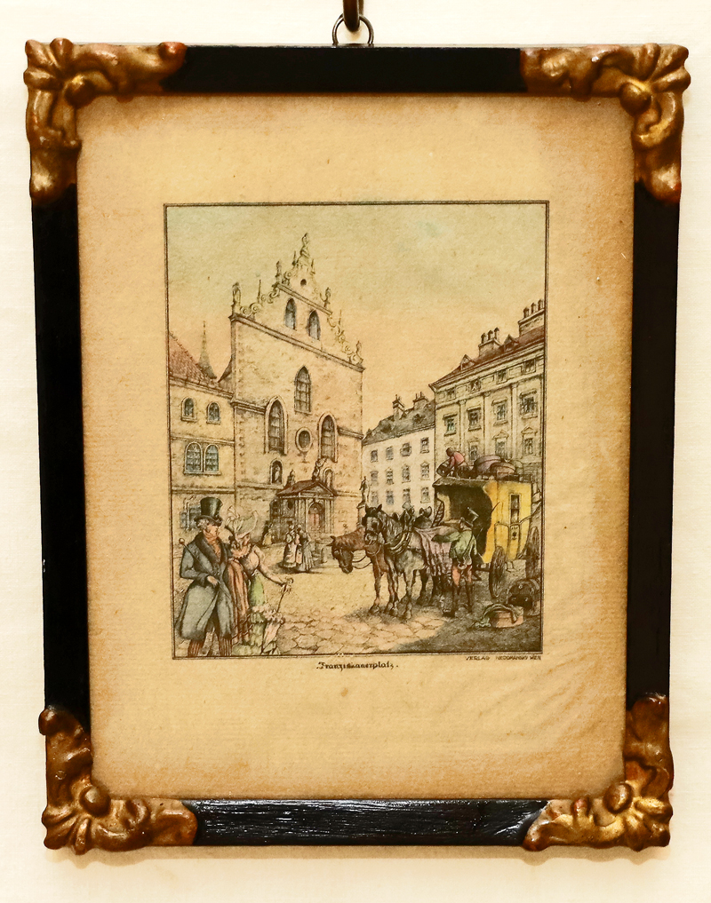 Farbradierung Franziskanerplatz Franziskanerkirche Biedermeier