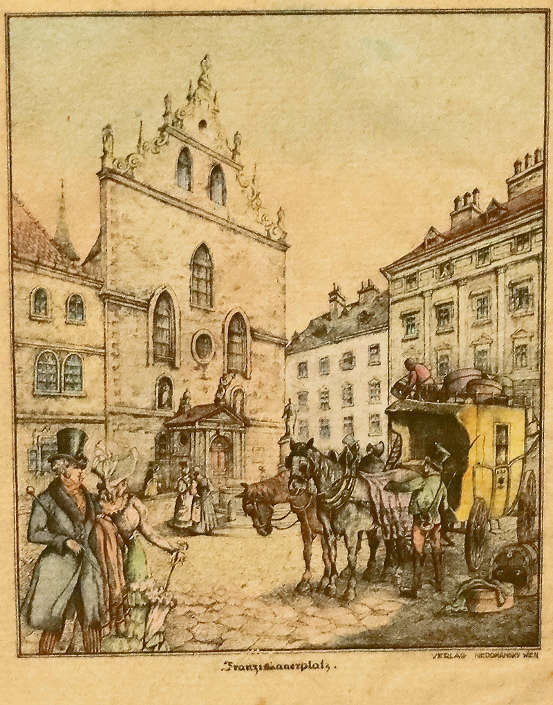 Farbradierung Franziskanerplatz Franziskanerkirche Biedermeier