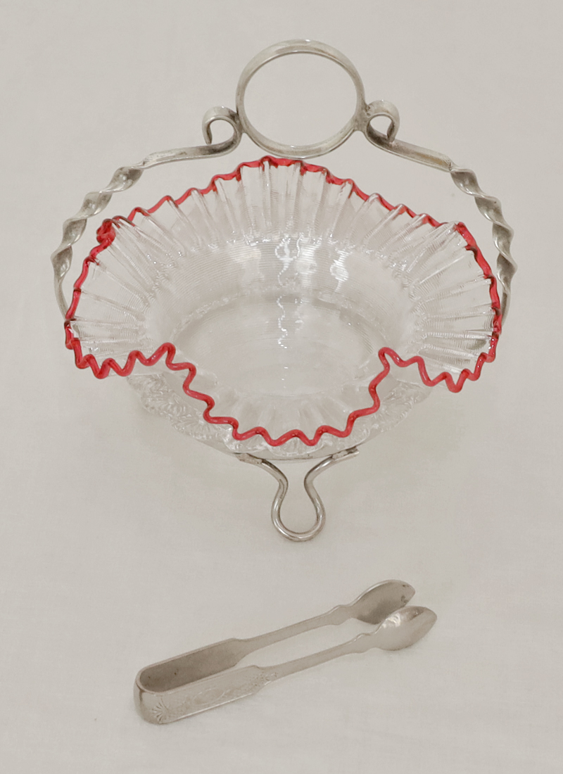 Jugendstil Zuckerschale Konfektschale Zuckerzange versilbert Glasschale