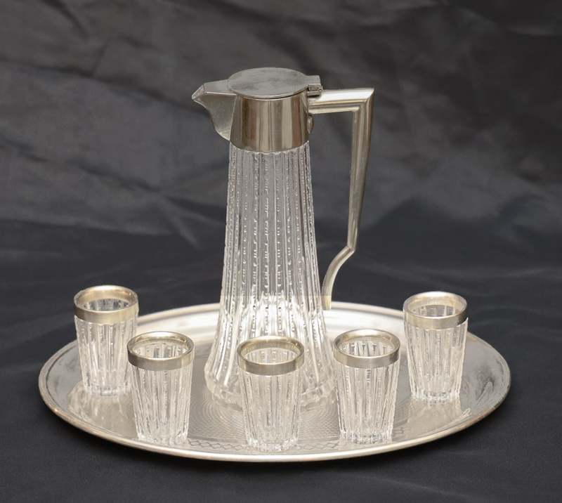 Jugendstil Likoer Glaset Karaffe Glasgarnitur versilbert