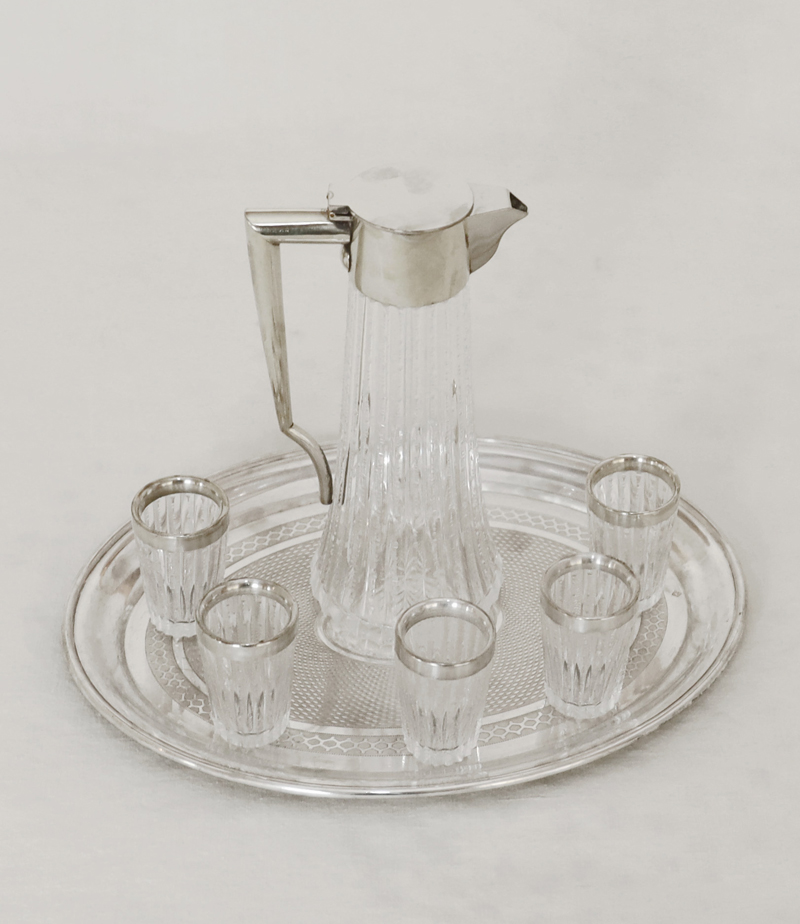 Jugendstil Likoer Glaset Karaffe Glasgarnitur versilbert