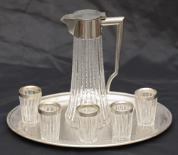 Jugendstil Likoer Glaset Karaffe Glasgarnitur versilbert