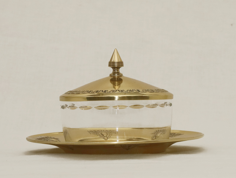 Jugendstil Kristallglasdose Messing