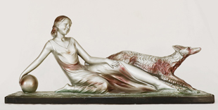 Art Deco Figurengruppe Dame Hund Ball