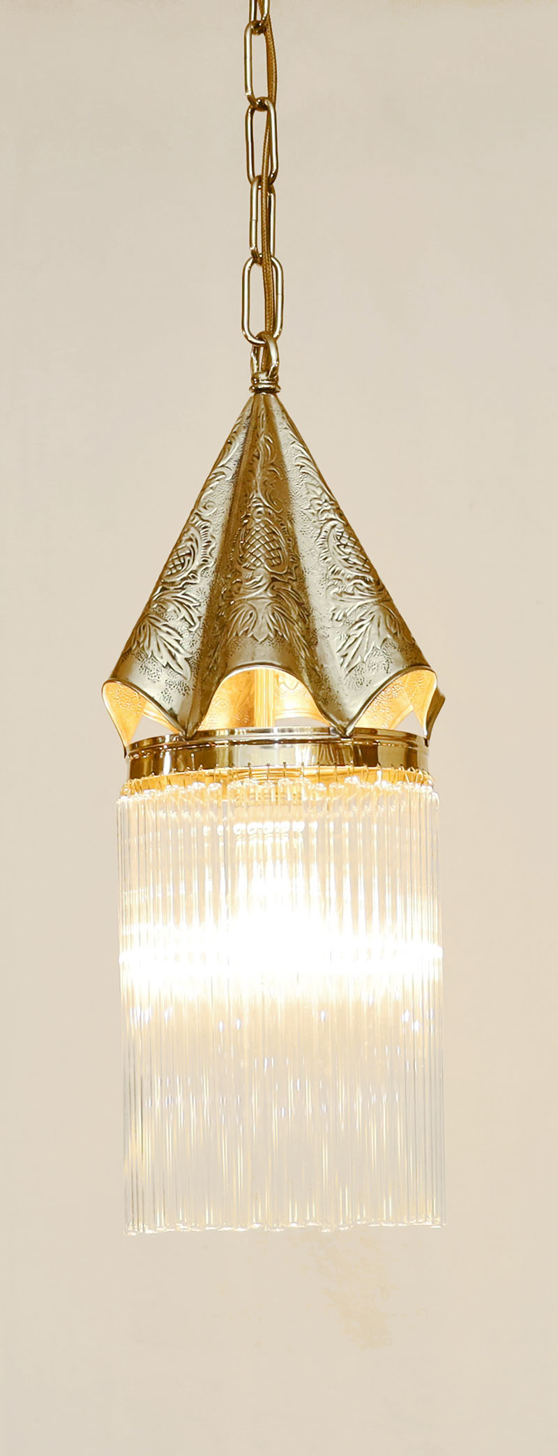 Jugendstil Haengelampe Messing Luster Glasstaebe
