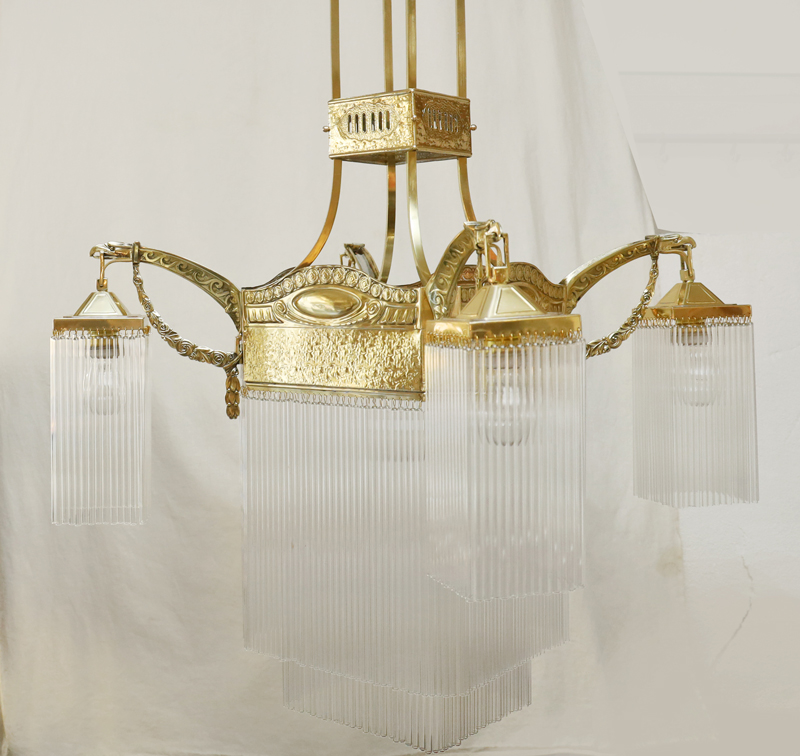 Jugendstil Luster Messing Lampe Glasstaebe