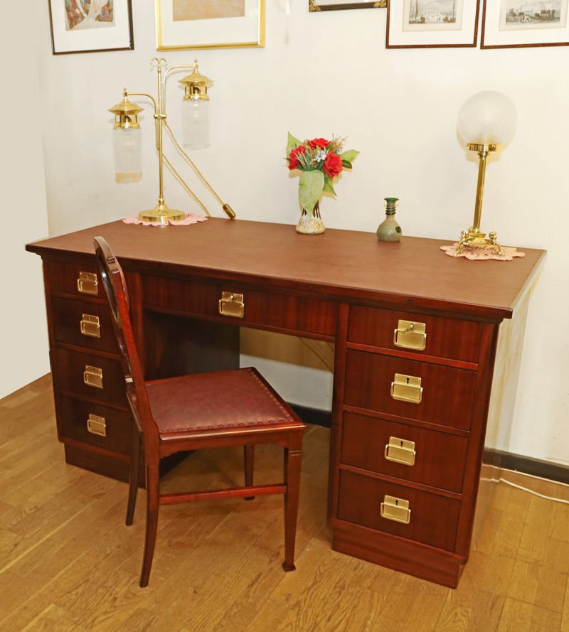 antiker Jugendstil Schreibtisch Mahagoni Messingbeschlaege