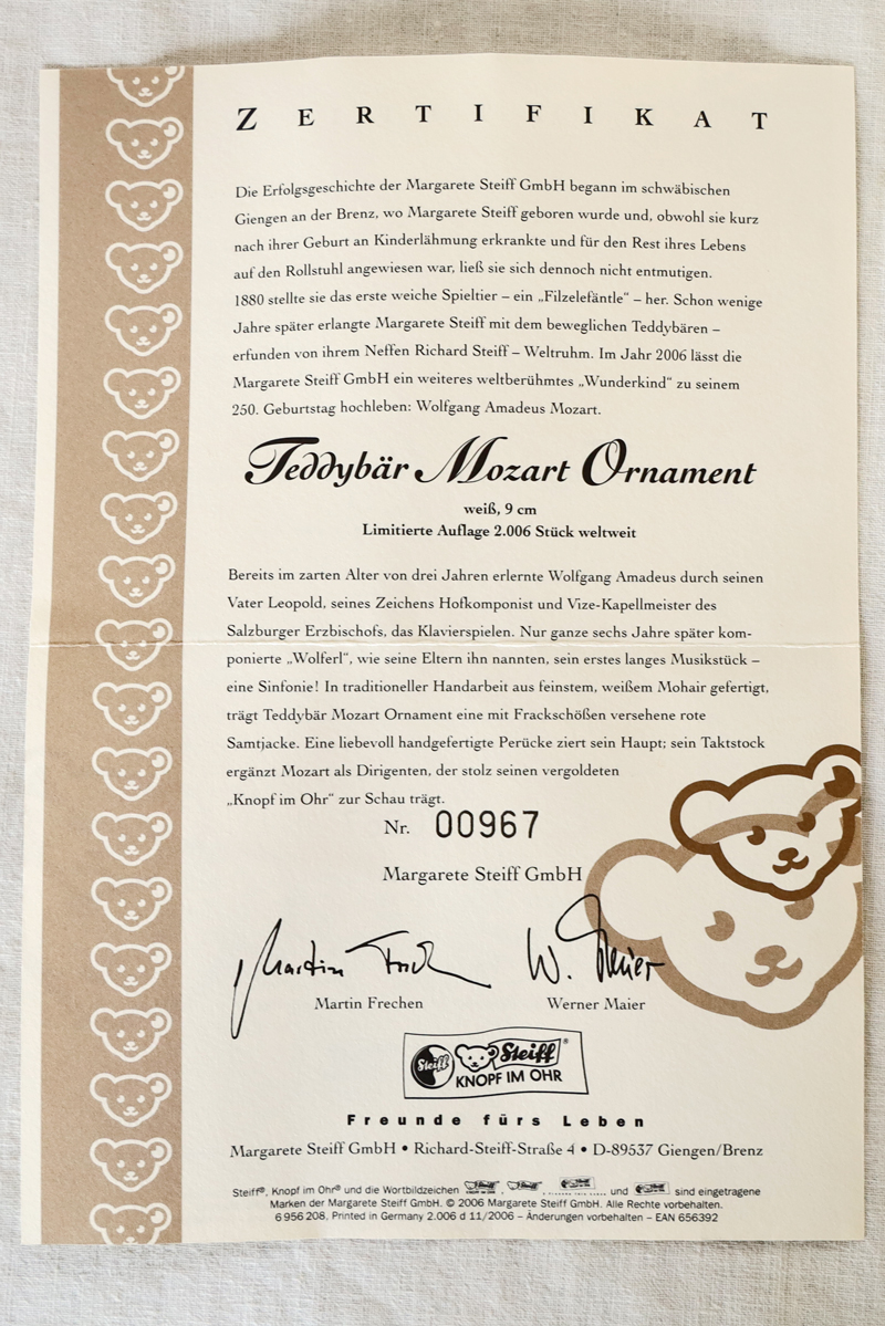 Steiff Teddybaer Mozart Ornament Knopf limitiert