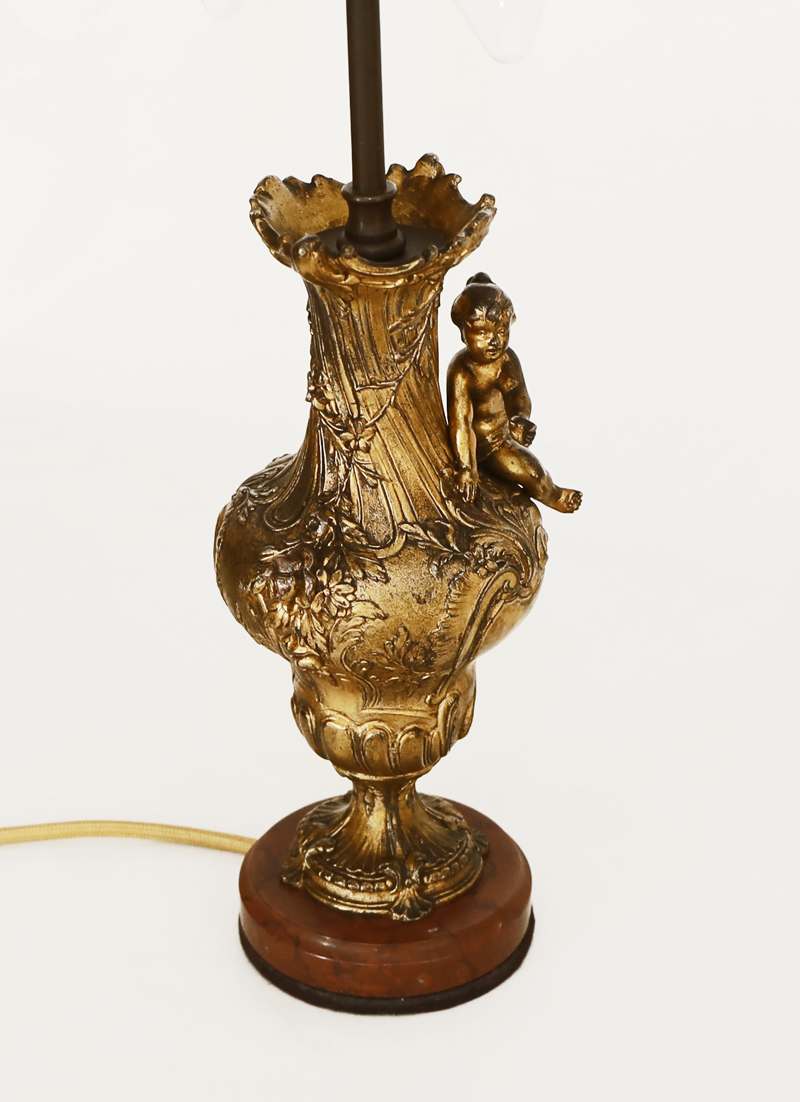 Paar Jugendstil antike Bronze Lampen Putto Rose