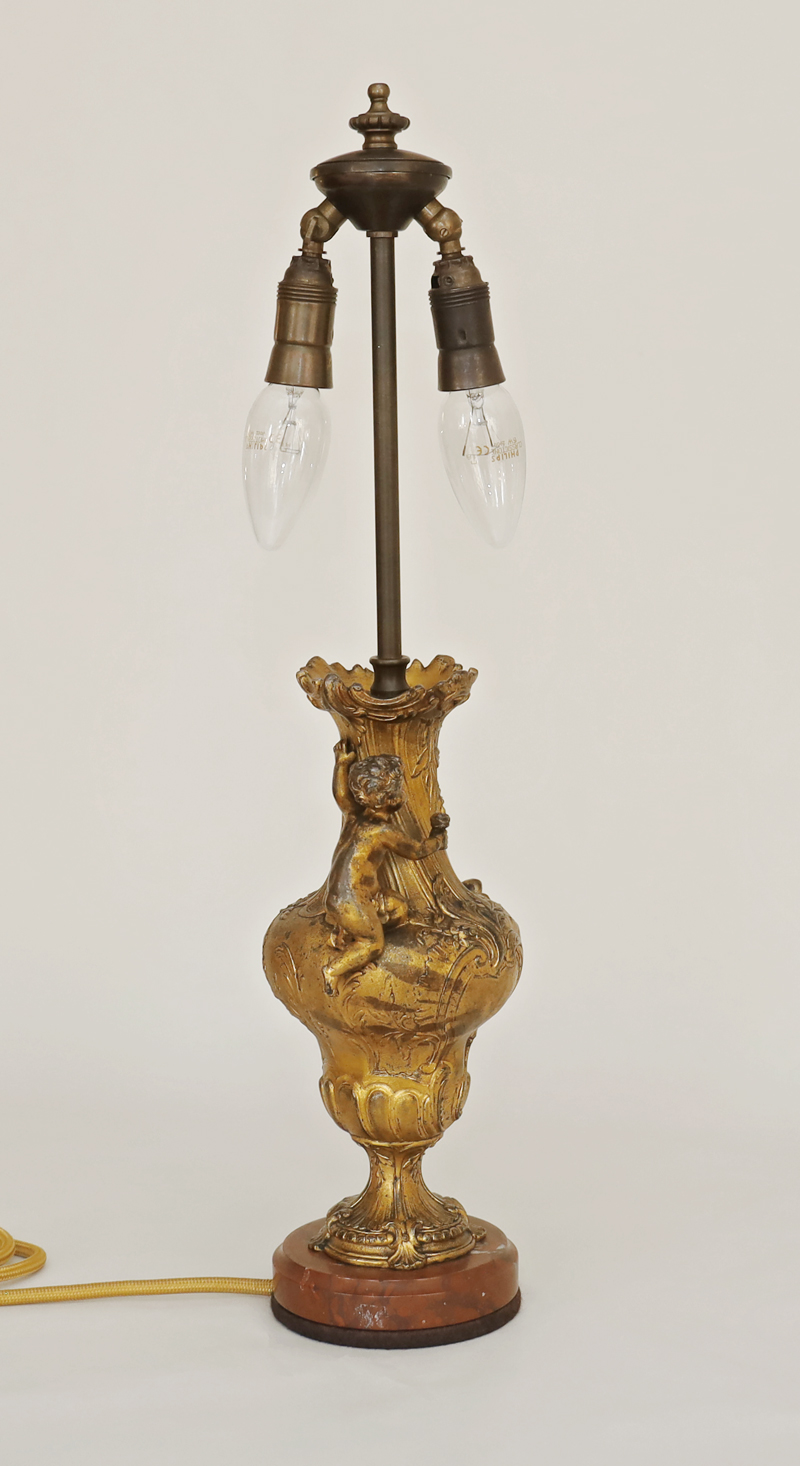 Paar Jugendstil antike Bronze Lampen Putto Rose