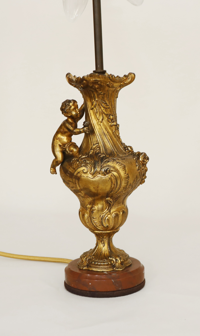 Paar Jugendstil antike Bronze Lampen Putto Rose