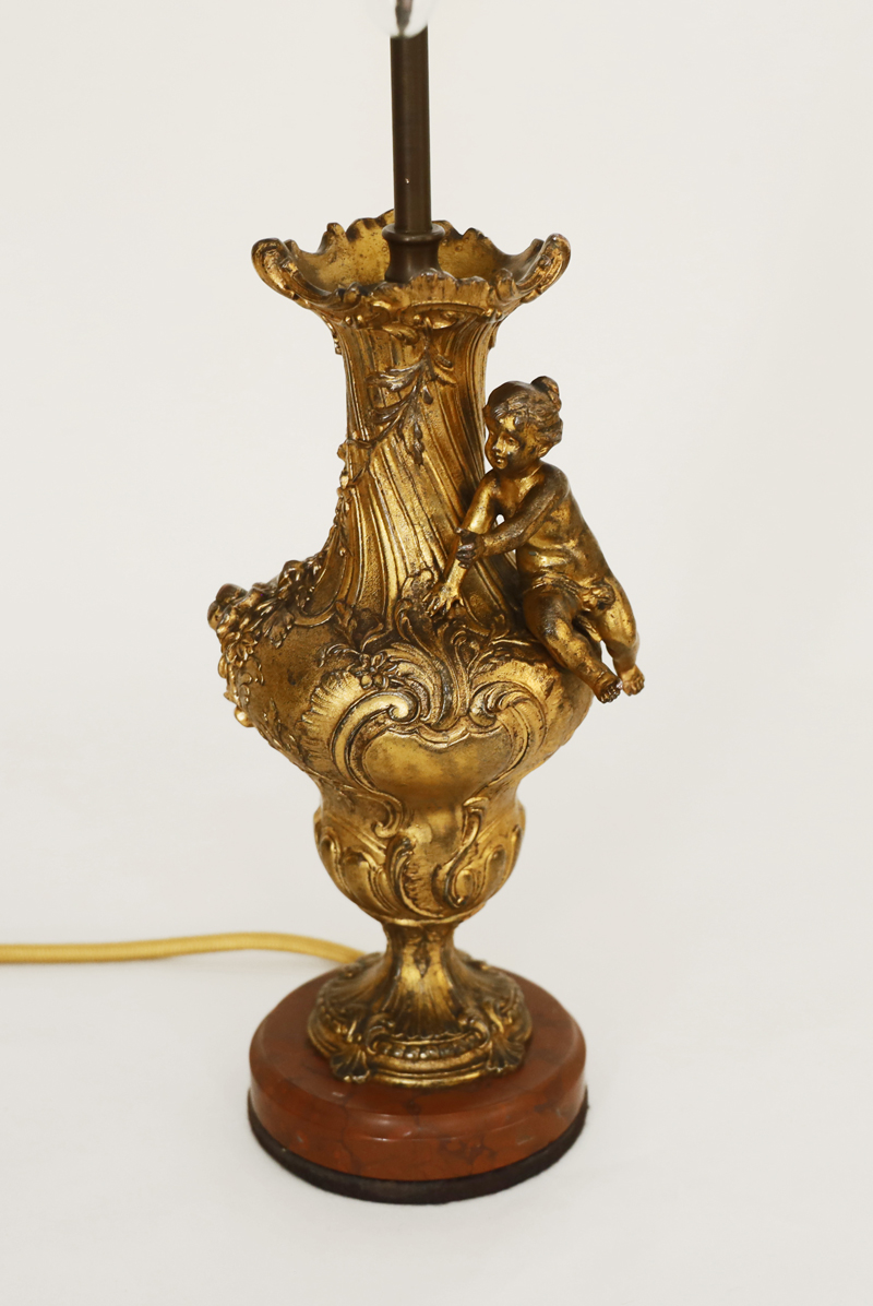 Paar Jugendstil antike Bronze Lampen Putto Rose