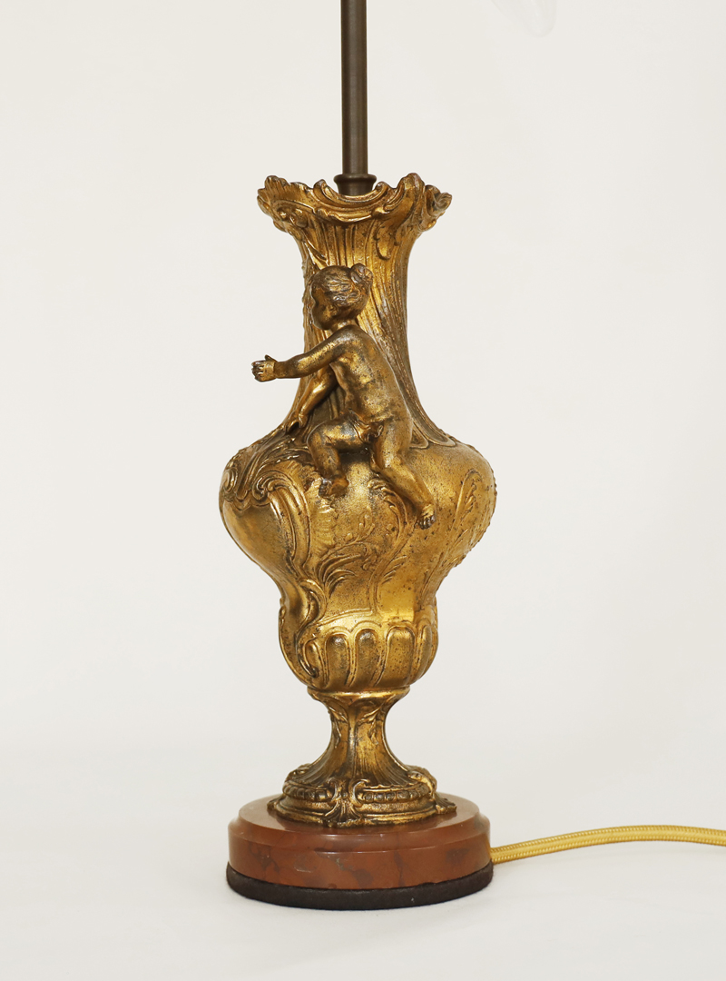 Paar Jugendstil antike Bronze Lampen Putto Rose