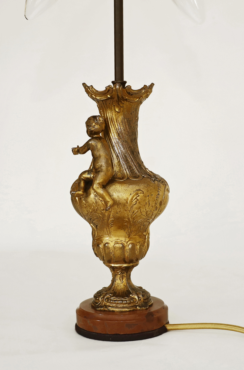 Paar Jugendstil antike Bronze Lampen Putto Rose