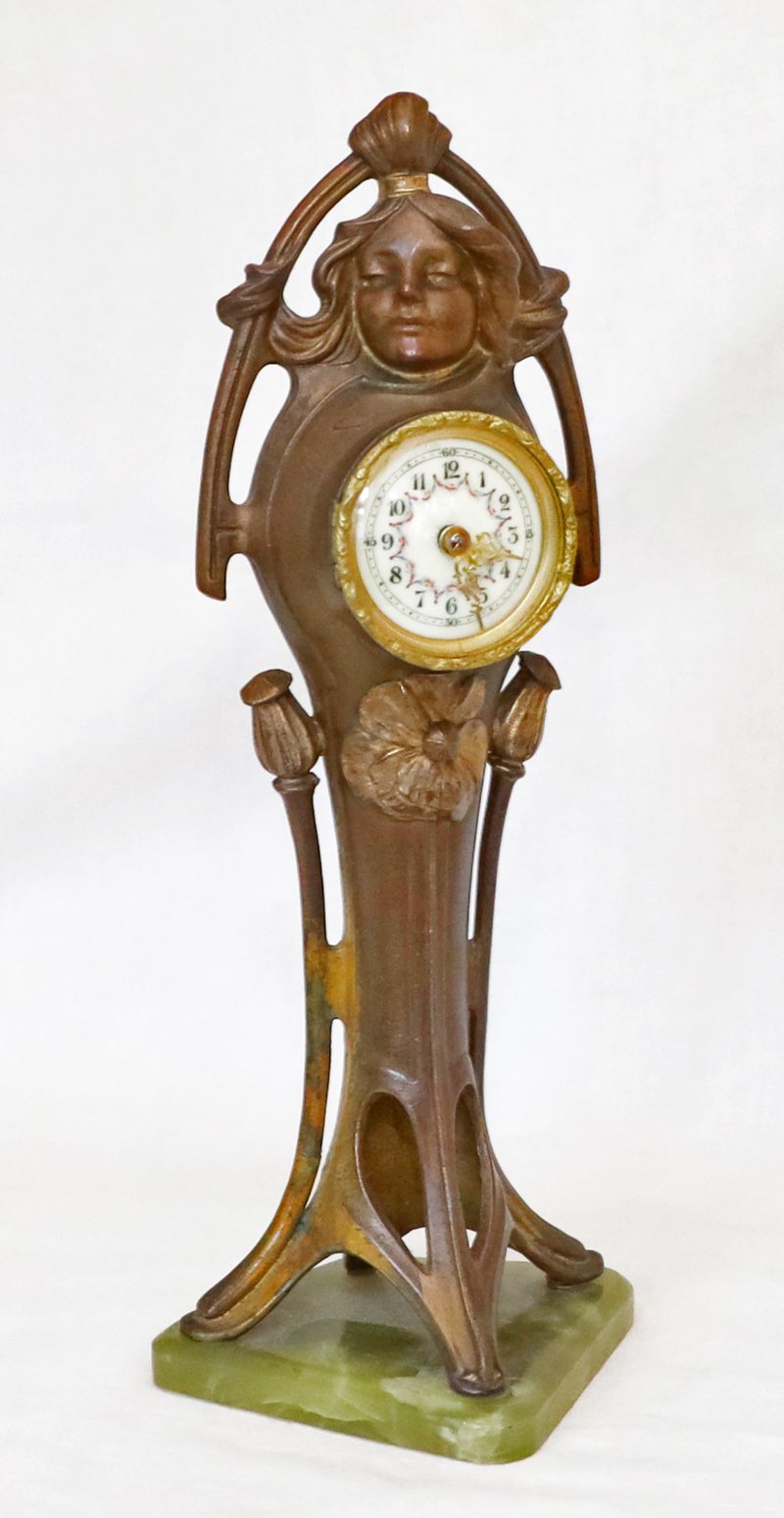 Jugendstil Figurenuhr Tischuhr Standuhr bronziert