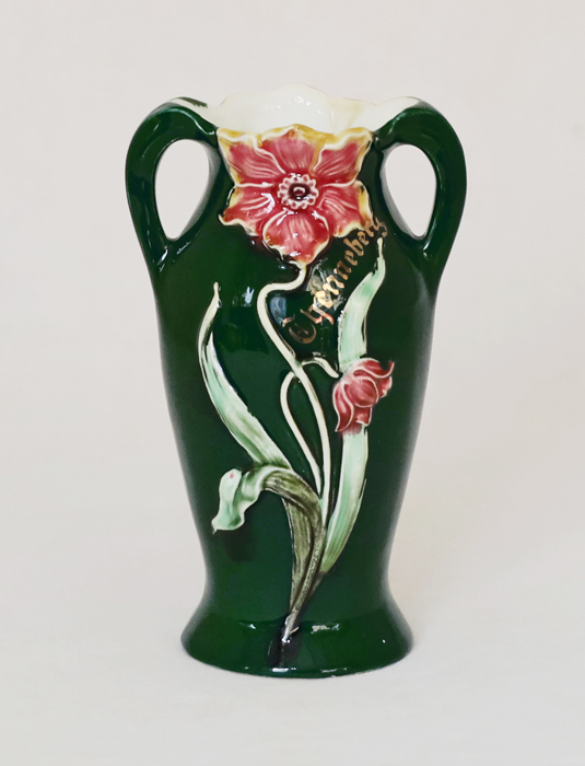 Eichwald Jugendstil Keramilk Blumenvase Henkelvase