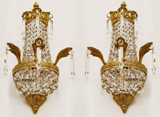 Paar antike Wandlampen Bronzelampen Kristallglas